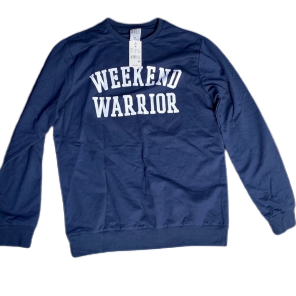 Well worn men’s Medium navy blue crewneck sweater new tags WEEKEND WARRIOR